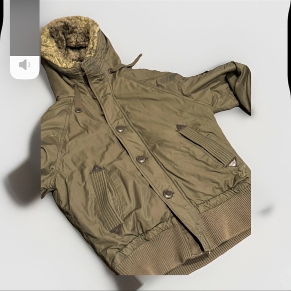 Y2K American Eagle Bomber Jacket Small S Army Green Faux Fur Lined Hood Sherpa - Picture 2 of 5